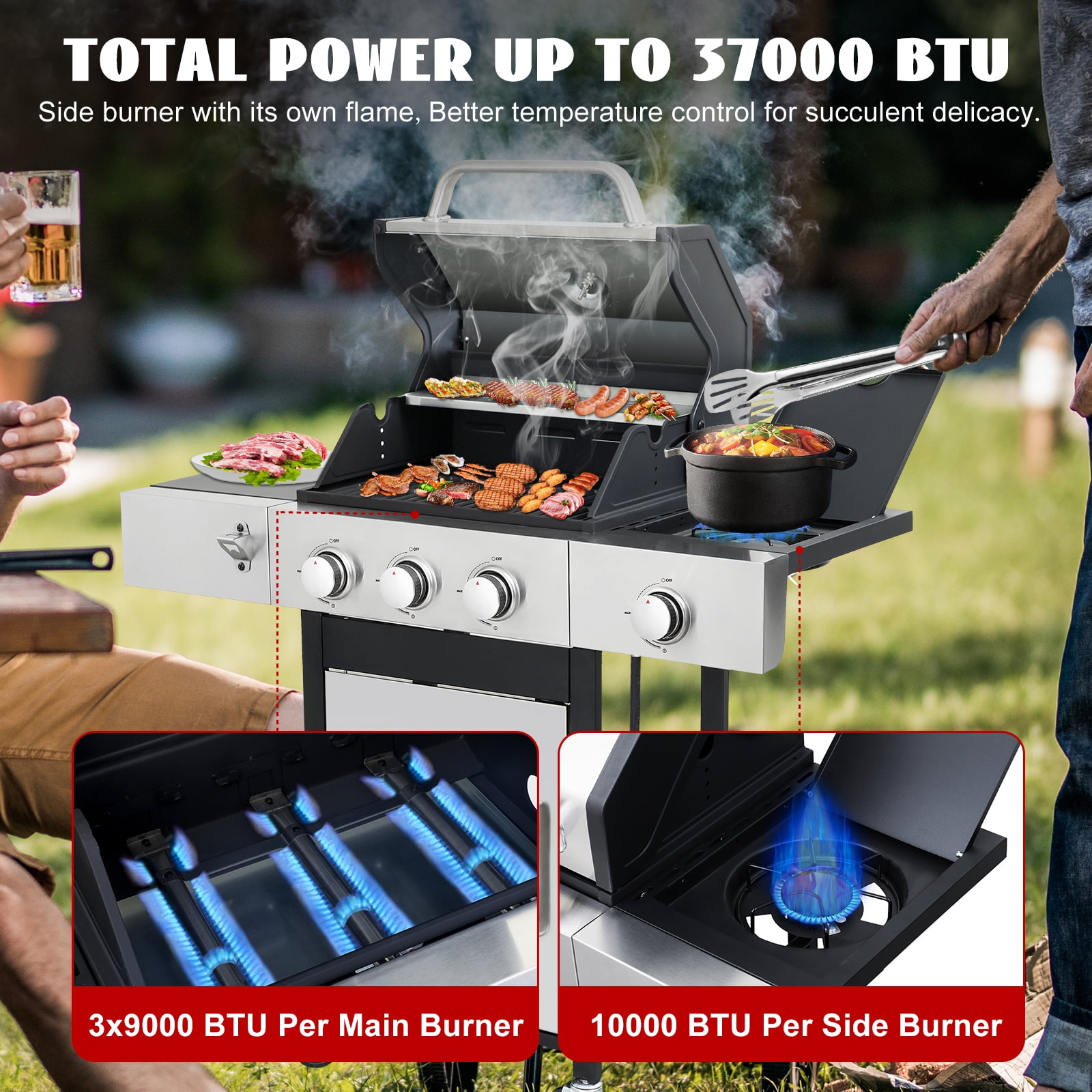 Nice Cooker 3-Burner Propane Gas Grill with Side Burner, Cast Iron Grates, Double Layer Lid