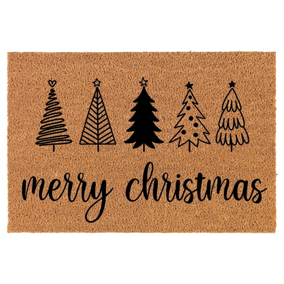 Welcome Doormat Coco Coir Door Mat Merry Christmas Stylized Trees (24" x 16")