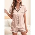 thumbnail image 5 of Elegant Satin Solid Pajamas, Short Sleeve Button Up Top And Shorts Pj Set, Women's Sleepwear & Loungewear, 5 of 5