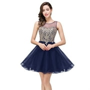 MisShow Gold Lace Short Prom Dress Navy Tulle Homecoming Dress S Size