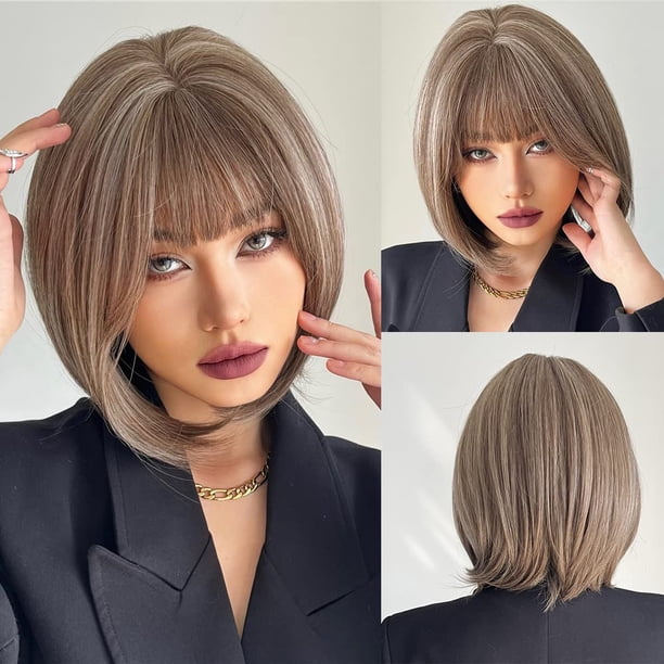 Pelucas Bob marrones y blancas mixtas con flequillo, pelucas con reflejos marrones de 12 pulgadas para mujeres, peluca corta y recta, pelucas sintéticas marrones para fiestas diarias