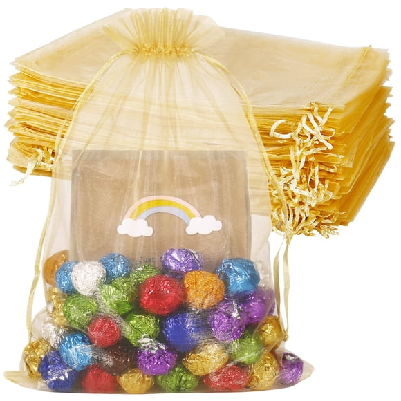 YQL Organza Bags 8x12 Inch,100PCS Gold Mesh Bags Gift Favor Bags Large Organza Drawstring Bags Jewelry Pouches Wedding Party Christmas Valentine