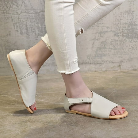 

uikmnh Women Shoes Shoes Fashion Round Hook&loop Color Solid Flat Toe Sandals Heel Women s Women s Sandals Grey 8