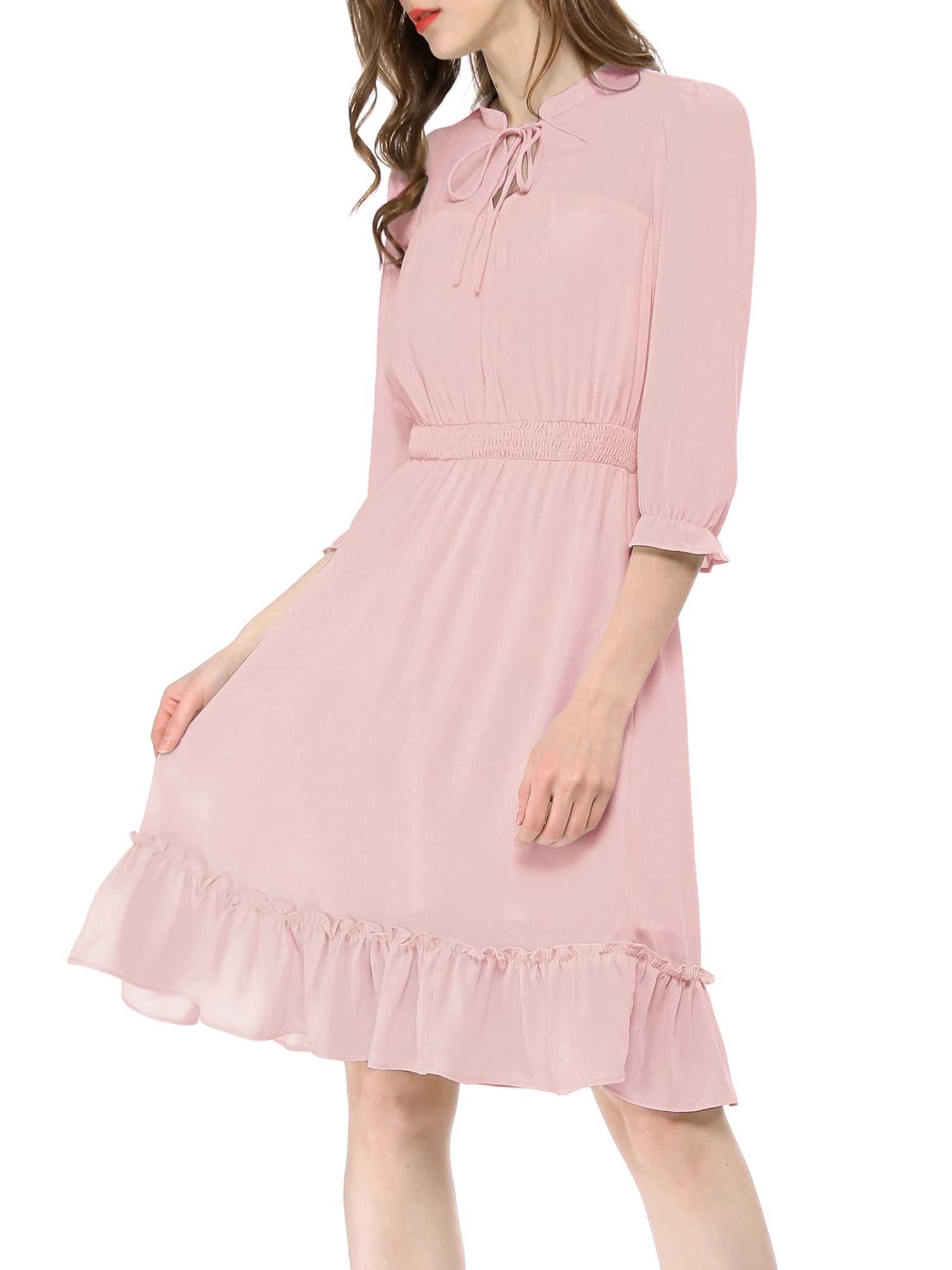 Allegra K Allegra K Womens Ruffle Hem 34 Sleeve A Line Smocked Short Dress Xl Pink Walmart 