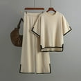 thumbnail image 3 of QUYUON Sweater Sets Women 2 Piece Lounge Sets Short Sleeve Knit Pullover Tops Wide Leg Pants Side Split Two Piece Summer Outfits Crew Neck Sweatshirt Matching Set Beige One Size, 3 of 8