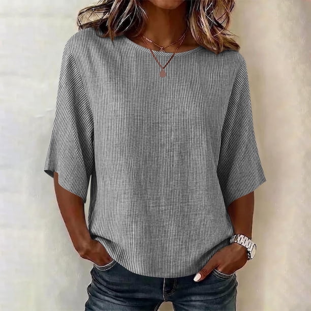 Neewe Women's Summer Casual Crewneck Half Sleeve T-Shirts Plain Loose Fit Cotton Linen Basic Tops Tees Blouses