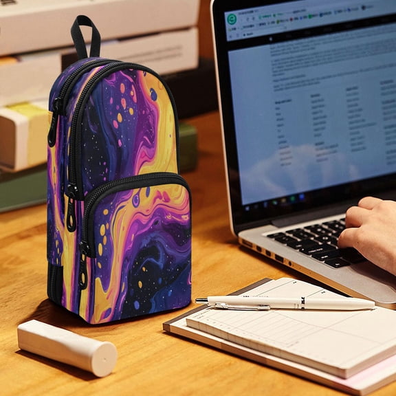 Backpack Pencil Case, 3 Compartment Large Capacity Oxford Fabric Pencil Pouch / Psychedelic Colors Pattern