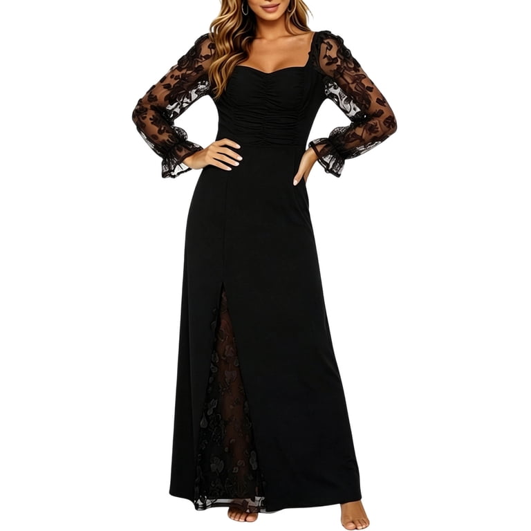 mesh square neck ruched maxi dress Vbvc Women's Square Neck Lace Maxi Dress, Ladies' Ruched Bodycon Split Mesh Dress, Wedding Guest Formal Evening Party Dress For Women,Black,S-XL, Size