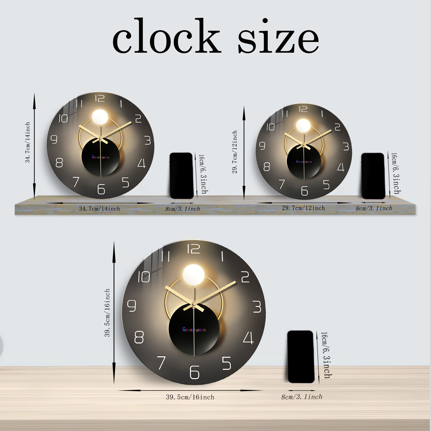 Constantplanet 12-Inch Silent Wall Clock, Black and Gold photo 2