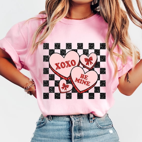 Retro Love Shirt Heart Candy Coquette Checkered Love Xoxo Tee Unisex Soft LIGHT PINK S-5XL