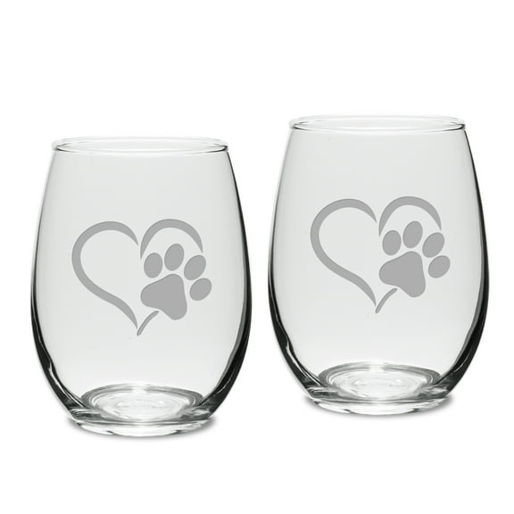 Paw Print Heart Deep Etched Stemless White Wine Glass Set of 2