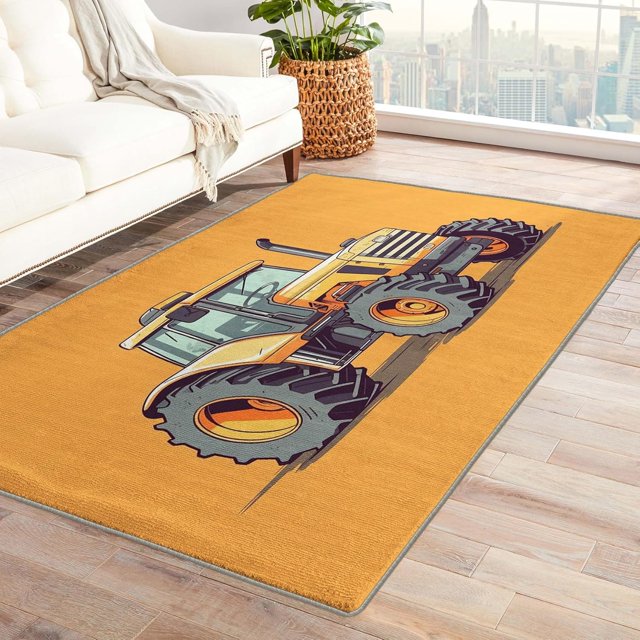Tractor Rugs for Boys Bedroom - 5x7 Rug - Tractor Rug - Farm Vehicle Construction Area Rug - Boys Kids Rugs - Orange Equipment Truck Carpet