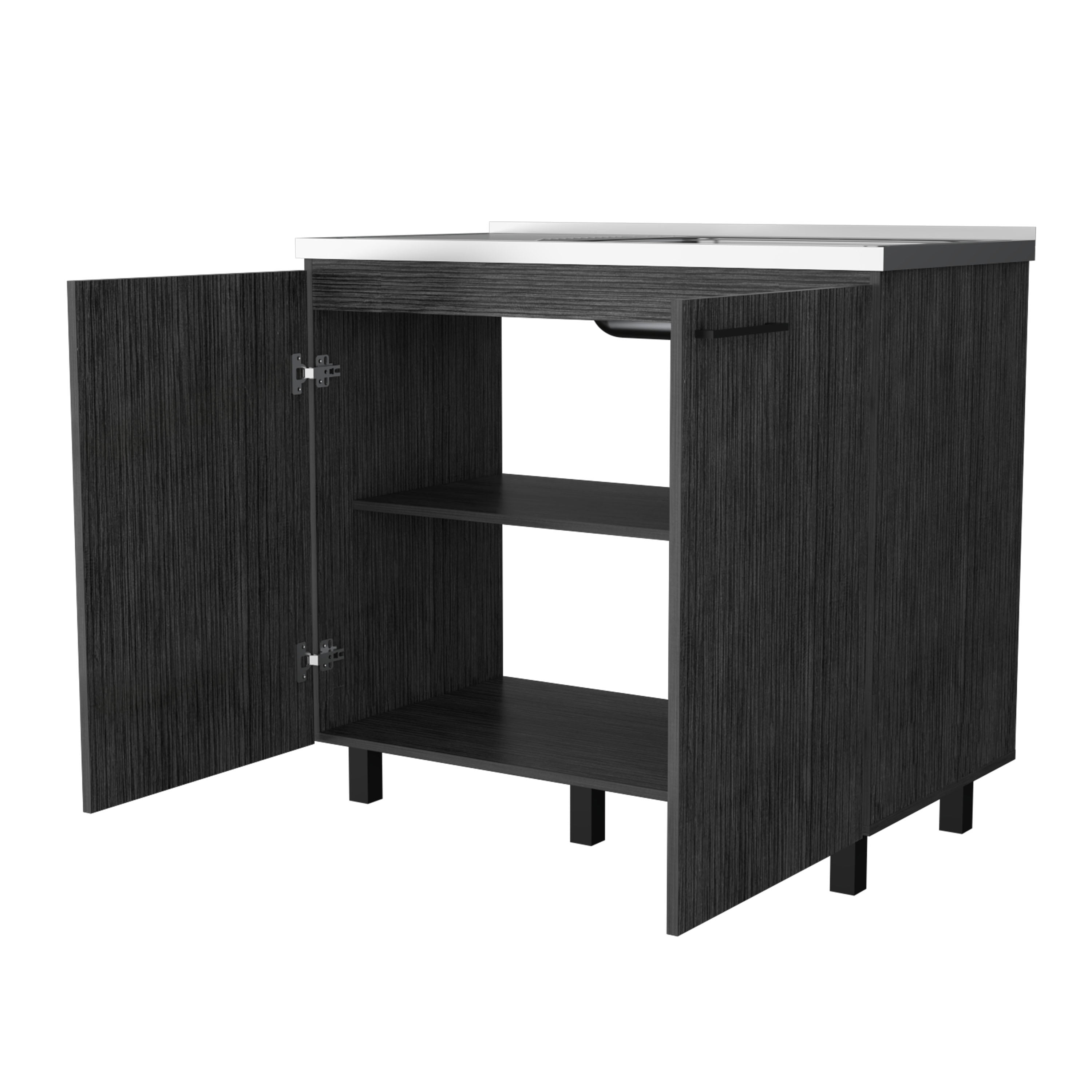 Izzovium FM FURNITURE Oklahoma 2 Utility Sink & Cabinet with Stainless Steel Countertop, Smokey Oak Finish, 20.67"L x 39.37"W x 35.04"H, Gray