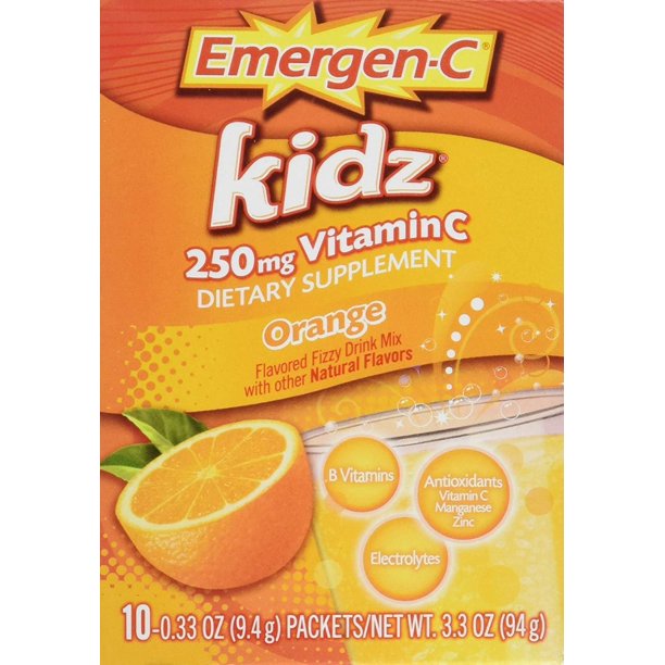 EmergenC Kidz 10 Count, Orange Flavor Dietary Supplement Fizzy Drink Mix With 250mg Vitamin C