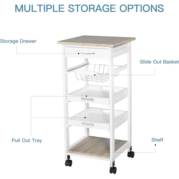 Favory Mobile Kitchen Cart, Rolling Kitchen Island with Storage, Solid Wood Frame Utility Cart with Wire Fruit Baskets, Trays and Drawer, White