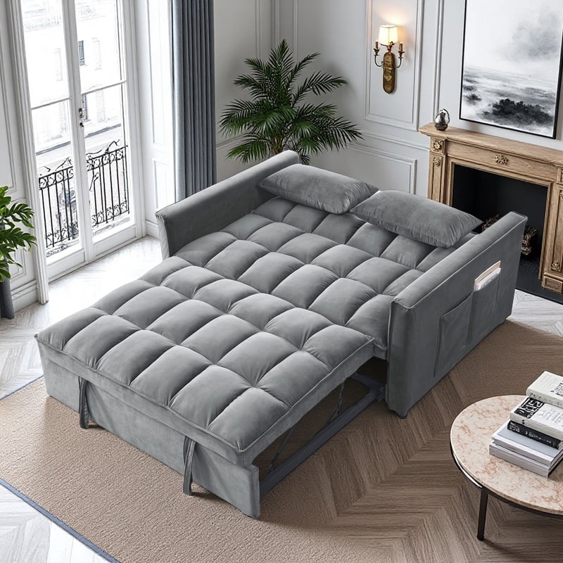 BSHTI 54" Fold out Sleeper Sofa Bed,Convertible Twin-Size Bed,With 3 Angles Adjustable Backres,Velvet Upholstery,Easy Assembly, Dark Grey