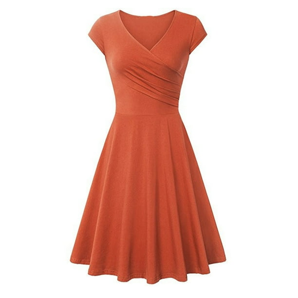Puntoco Vestido De Manga Corta Con Cuello En V, Vestido Suelto De Verano De Color Sólido De Manga Corta Con Cuello En V Naranja Xxxxl