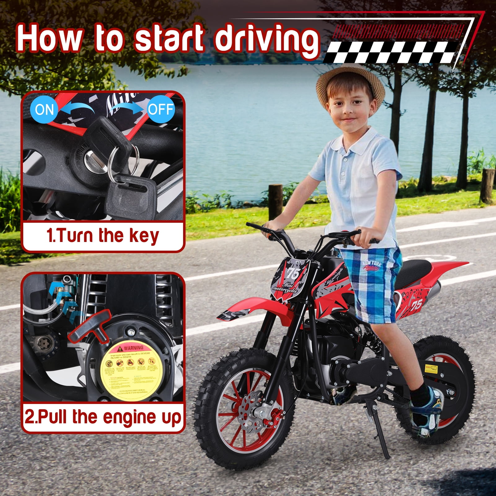 Fompes 49cc Dirt Bike, Gas Powered 4-Stroke with Off-Road Tires, Max Speed 35KM/H, Minibike Trail Bike, Pull Start, Pocket Motorbike for Gift, Load 150lbs