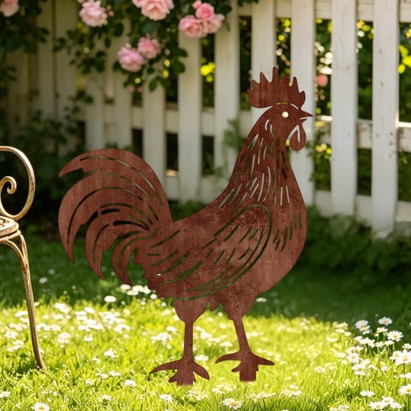 Metal Rooster Garden Stake Outdoor Yard Decor Rustic Iron Chicken Lawn Ornament Courtyard Garden Decoration Ground Stake Patio Pathway Flower Bed Decorative Accent
