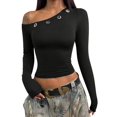 thumbnail image 2 of Women Long Sleeve Shirts Rib Knit Slim Fit Tops Off-Shoulder Tee Fall Outfits Casual T-Shirt Layer Clothes Black M, 2 of 9