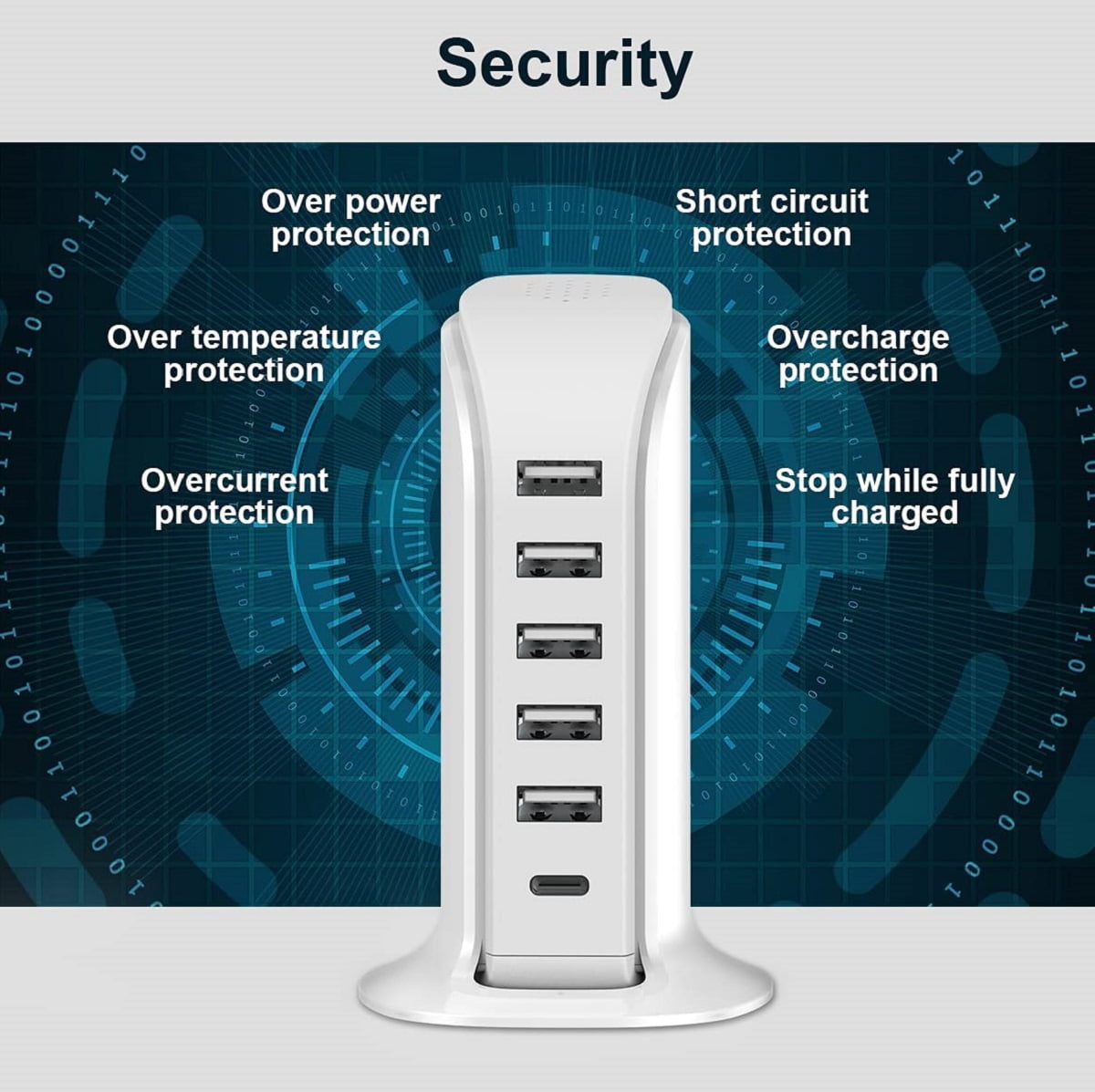 Charging Station for Multiple Devices 40W Upoy, Wall Charger Block 5 USB Ports(Shared 6A), USB Charging Hub Smart IC, Charger Tower with Type-C 3A for iPhone iPad Tablets Smartphones, Home Office Use