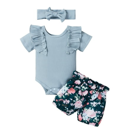 

Spring hue Summer Baby Girls Clothes Sets 3pcs Ruffles Short Sleeve Romper Floral Shorts Headband