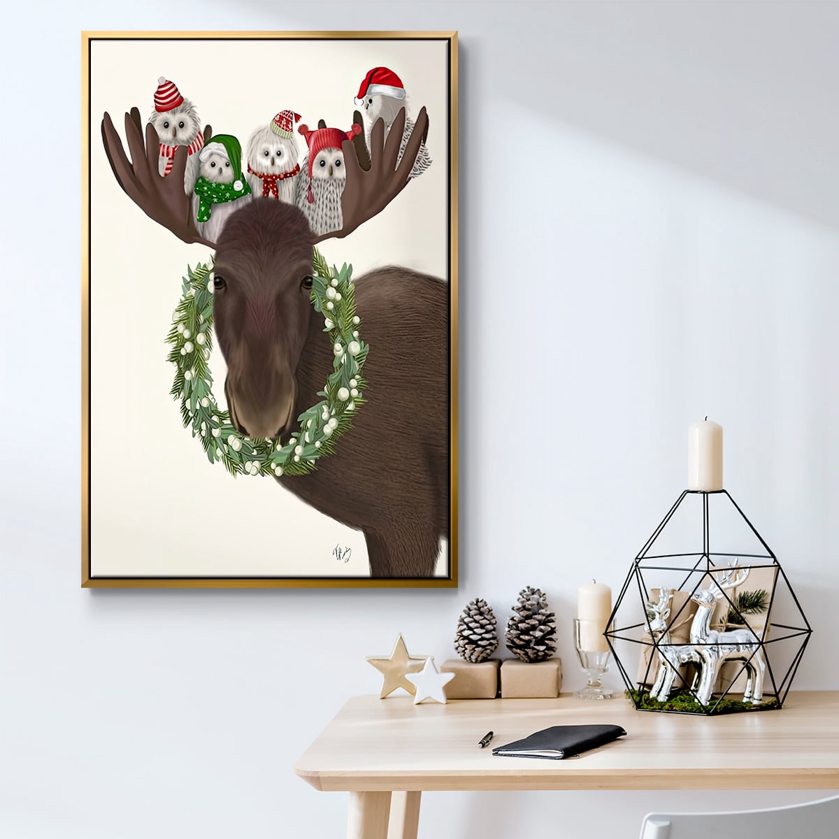 Christmas Moose and Christmas Owls - Framed Gallery Wrapped Holiday Canvas - 17 x 25 - Gold Frame