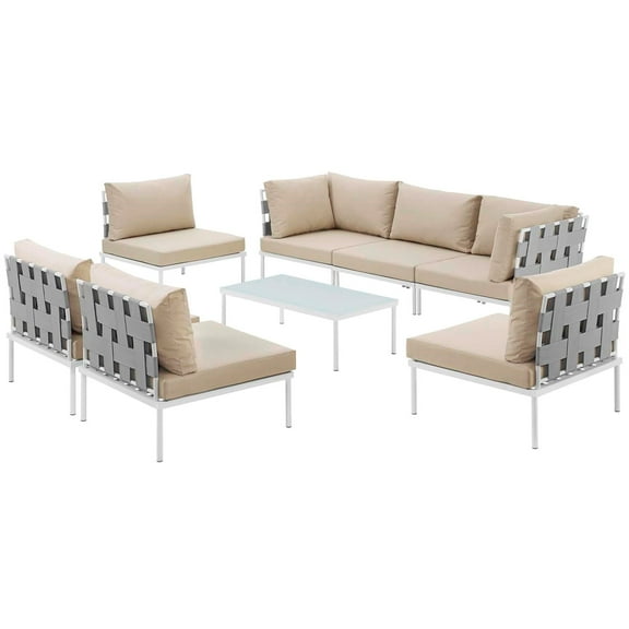 Lounge Sectional Sofa Table Set, Beige, Aluminum Metal, Outdoor Patio Balcony Cafe Bistro Garden Hospitality Restaurant, Modern Contemporary HB33097