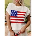 thumbnail image 5 of Women's Knit Loose Fit Crop American Flag Cap Sleeve Tops Crew Sweater for Daily Wear White S, 5 of 8