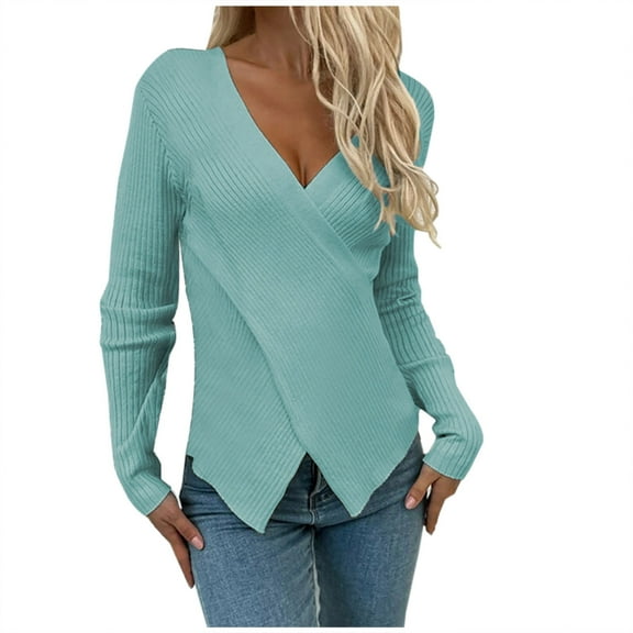 Hfyihgf Women's Criss Cross V-Neck Sweaters Long Sleeve Knit Wrap Front Slim Fit Pullover Tops Blue L
