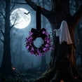 thumbnail image 5 of Cififendec Halloween Baby Breath Black Bow Wreath, 8.66", Dark Leaf Floral Round Door Hanging for Cemetery Fence Porch Gothic Spooky Holiday Decor, 5 of 5