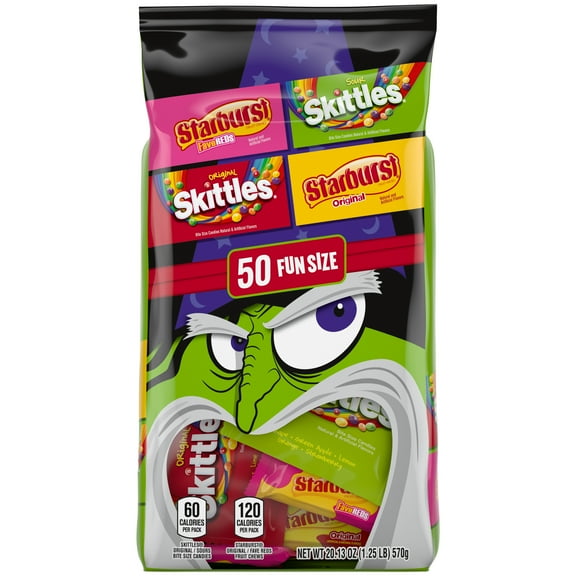 Mars Mixed Skittles & Starburst Chewy Sour Halloween Candy Variety Pack, 50 Pieces Bulk Bag