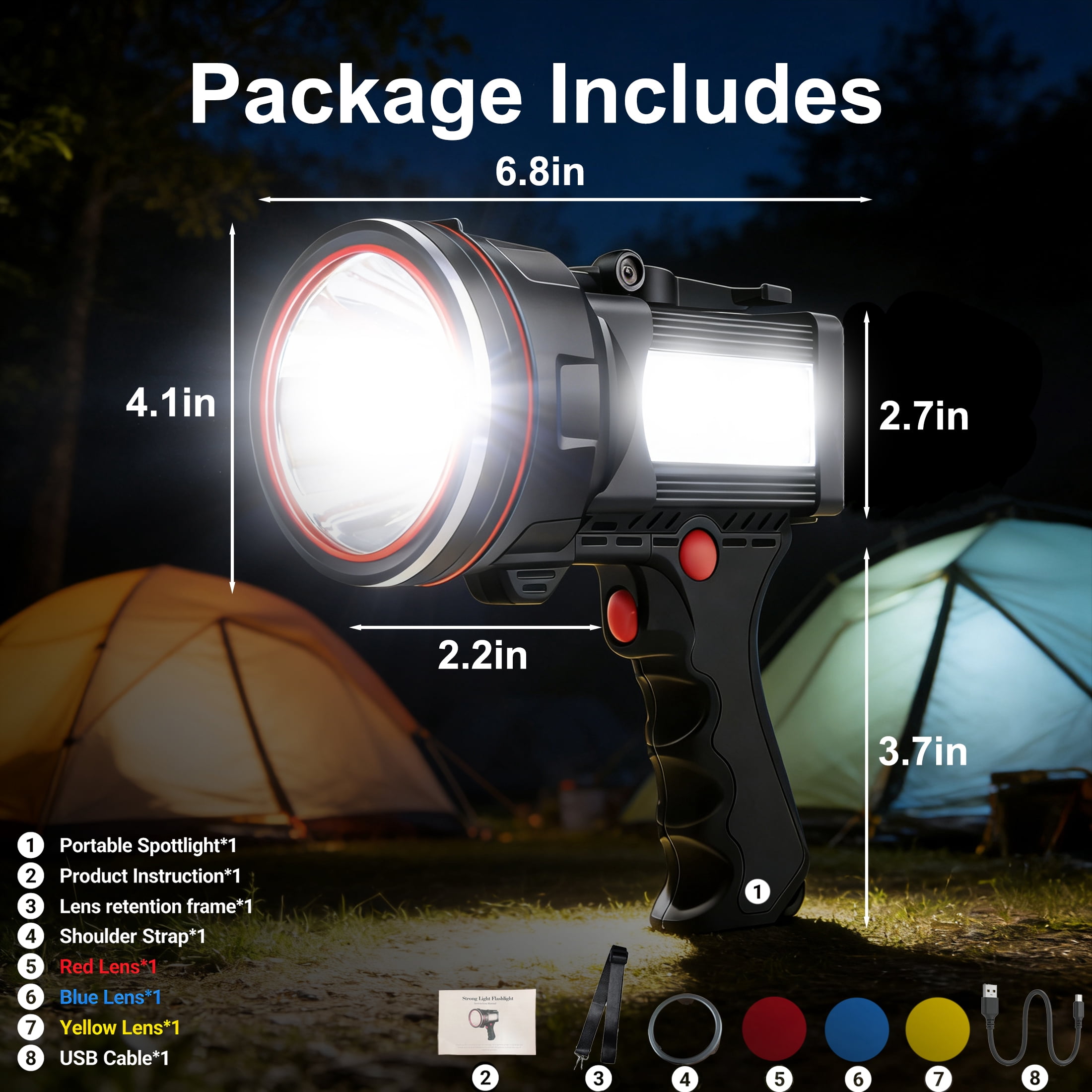 EZBY Flashlight,150000 Lumens Rechargeable Spotlight Flashlight,12800mAh High Power LED Handheld Spotlight with 6 Modes, 7 Colors,Waterproof for Camping Hunting Emergency