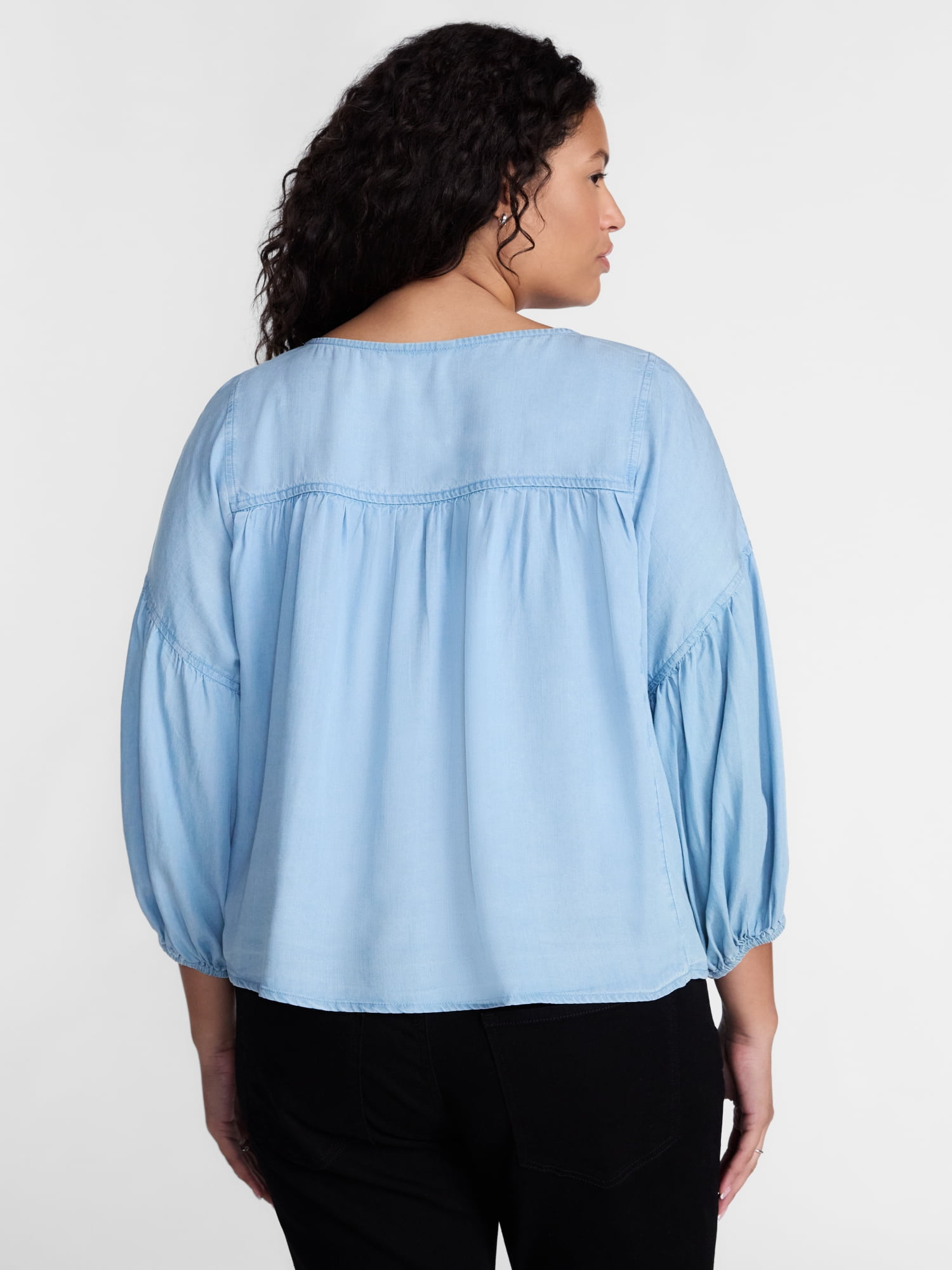 Terra & Sky Pleated Keyhole Front Blouse with Long Puff Sleeves, Sizes 0X-5X