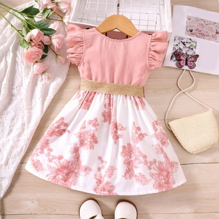 

PEASKJP for Girls Children Girls Summer Bowknot Chiffon Floal Floral Short Sleeve Elegent Dress Vintage Ruffled Halter Dress for Girls RD2 18-24 Months