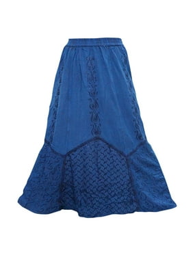 Mogul Women's Fashionable Maxi Skirt Blue Embroidered Rayon Stylish Skirts