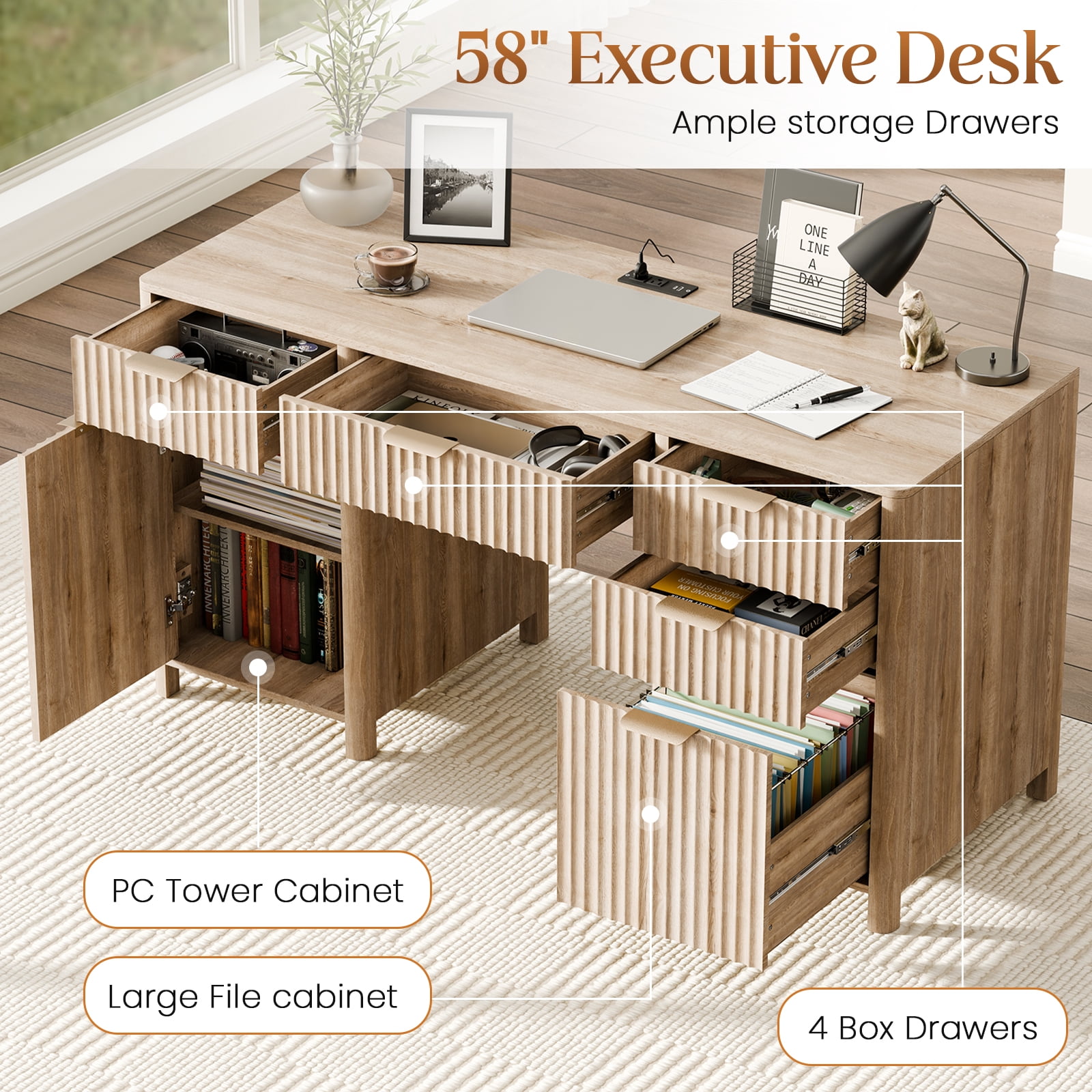 58" Fluted Executive Desk with Storage Modern Home Office Desk with Charging Station Wood Work Desk for Office, Bedroom, Study, Living Room, Oak