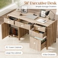 thumbnail image 3 of 58" Fluted Executive Desk with Storage Modern Home Office Desk with Charging Station Wood Work Desk for Office, Bedroom, Study, Living Room, Oak, 3 of 7