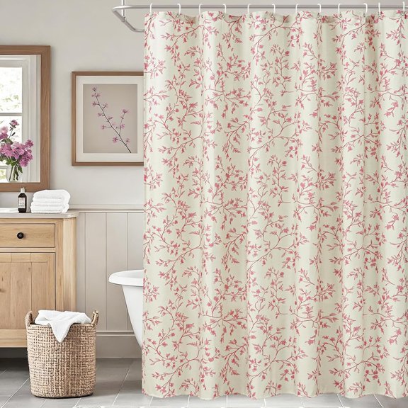 Pink Floral Shower Curtain for Bathroom Fabric Botanical Branch Vine Design Waterproof Farmhouse Shower Curtains with 71x71 inches