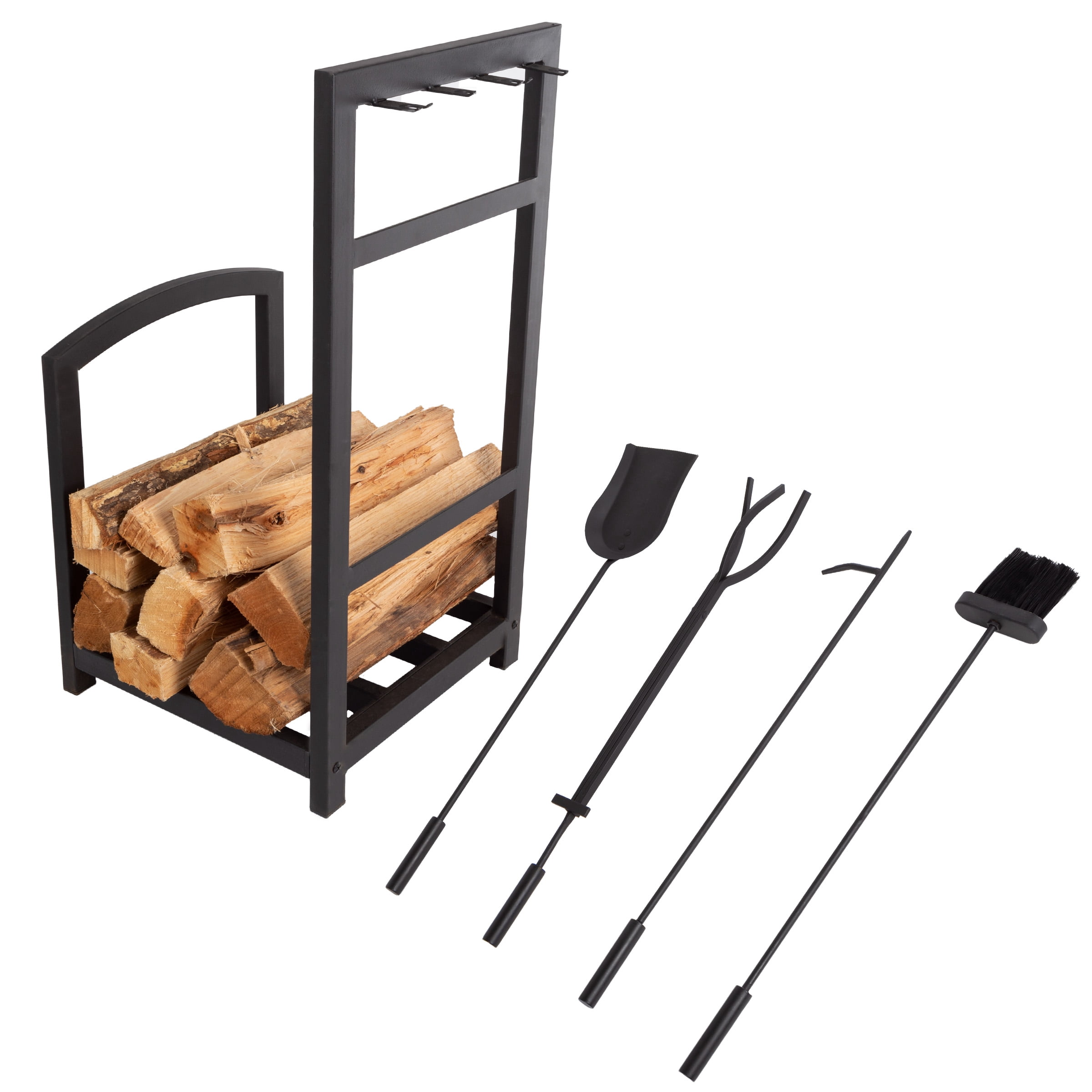 Somerset Home 5-Piece Modern Fireplace Tool Set and Log Rack (Matte Black)
