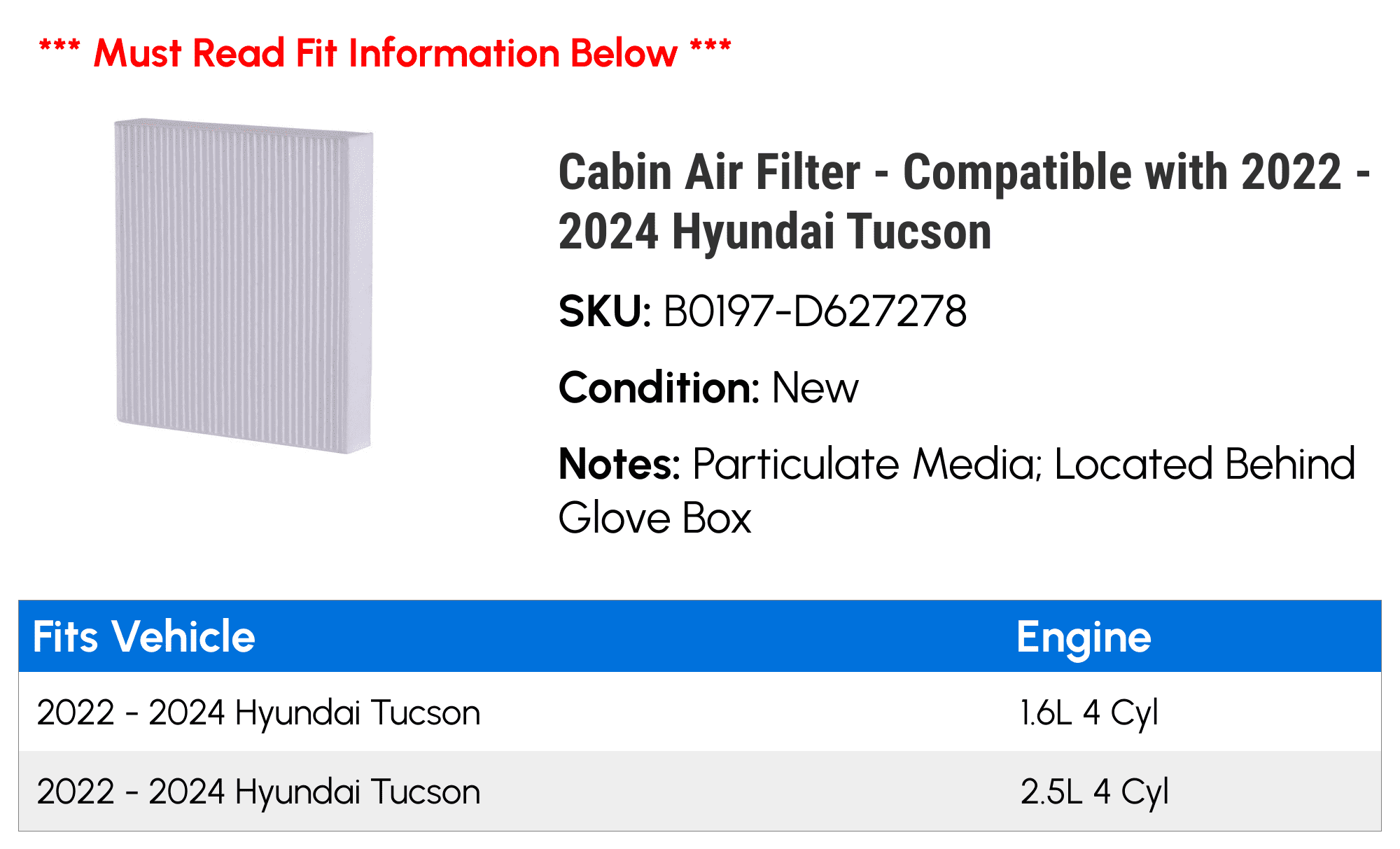 Cabin Air Filter - Compatible with 2022 - 2024 Hyundai Tucson 2023