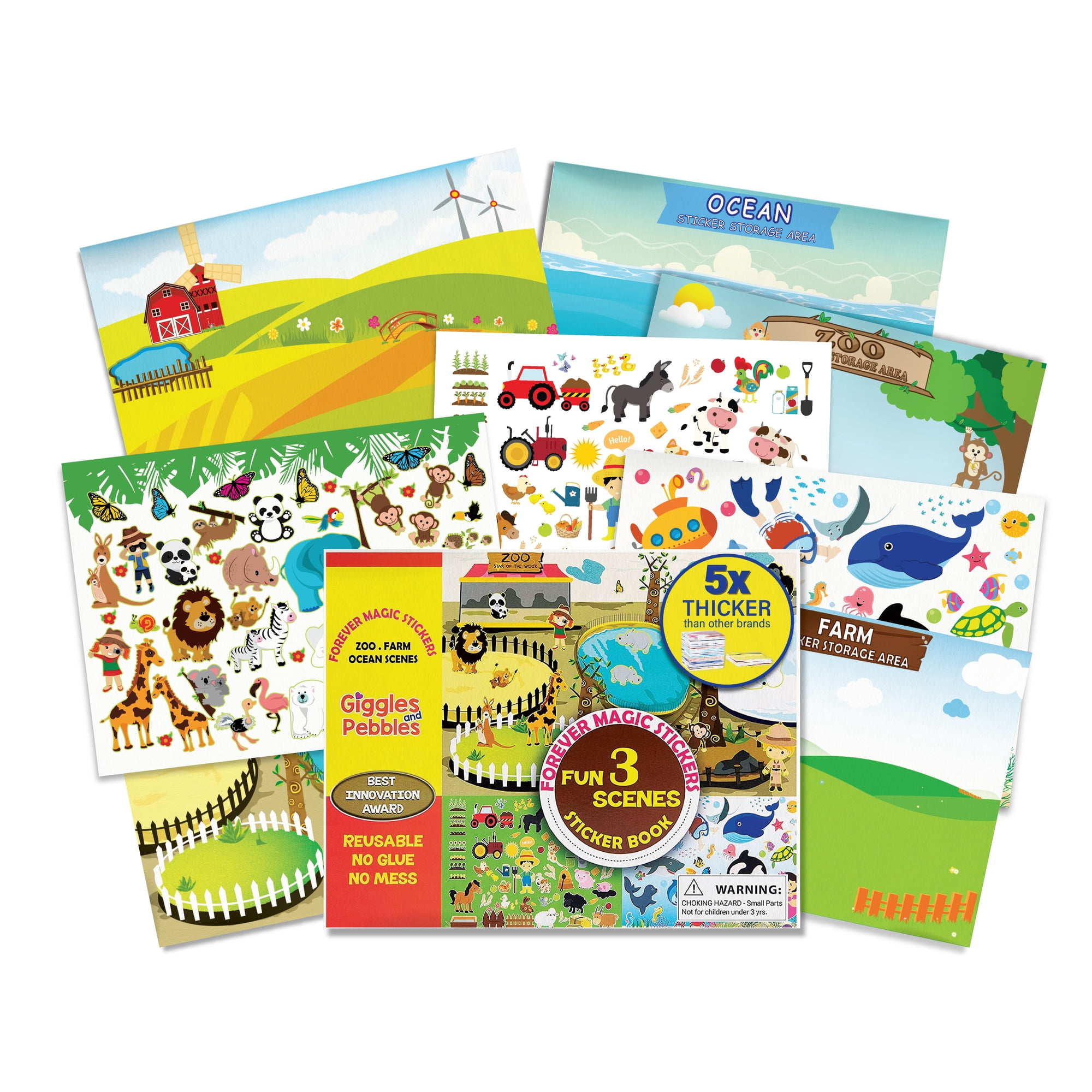 Giggles & Pebbles Educational Magic Sticker Pad Book for Kids, Toddlers, Boys and Girls - Reusable, Washable and Non-Adhesive Stickers with Farm, Zoo, Ocean Animals, for Storytelling, Games and Fun