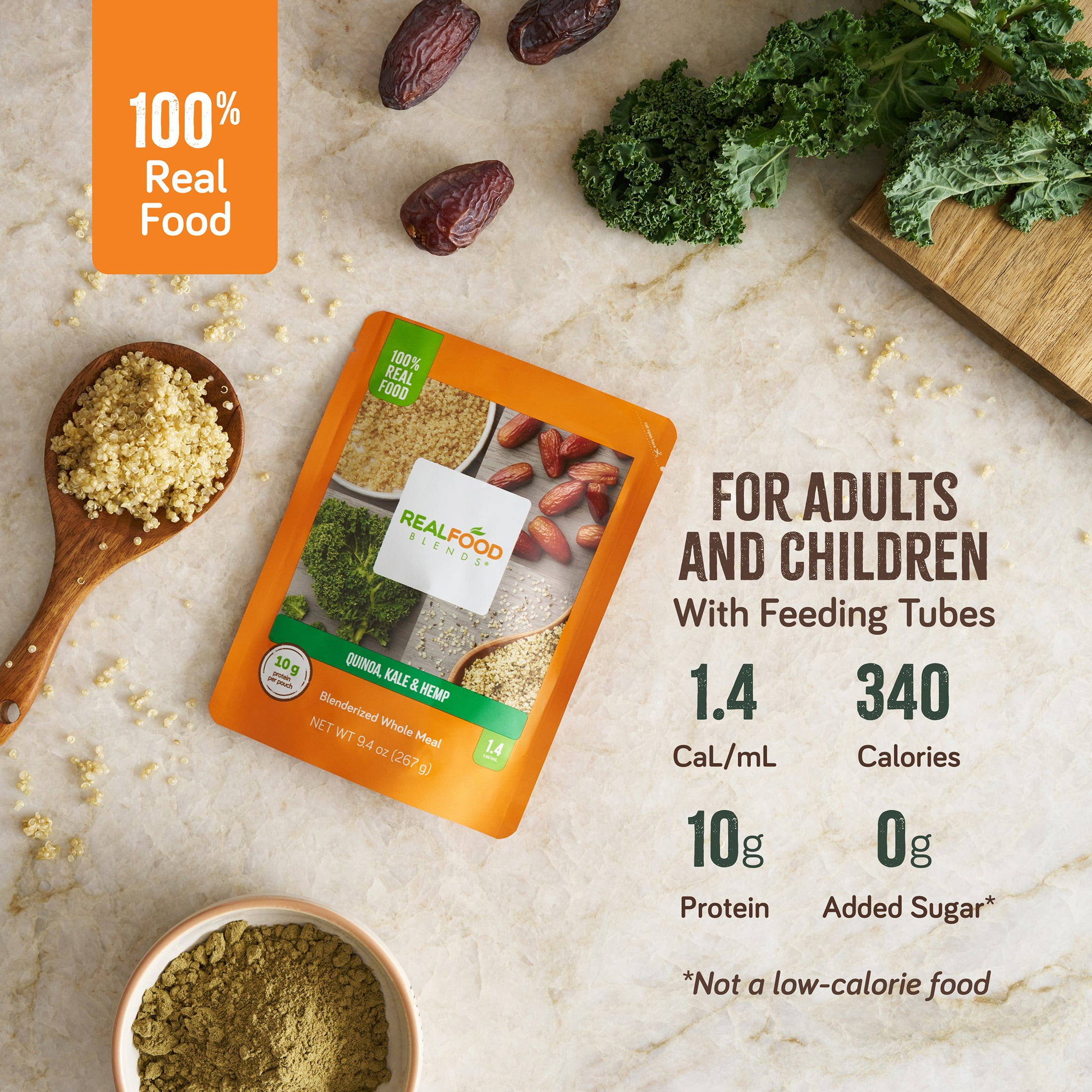 Real Food Blends Quinoa, Kale & Hemp - Pureed Food Meals for Tube Feeding with Protein, Vegetables & Fruits -340 Calories for Breakfast, Lunch & Dinner - 9.4 oz (Pack of 12)