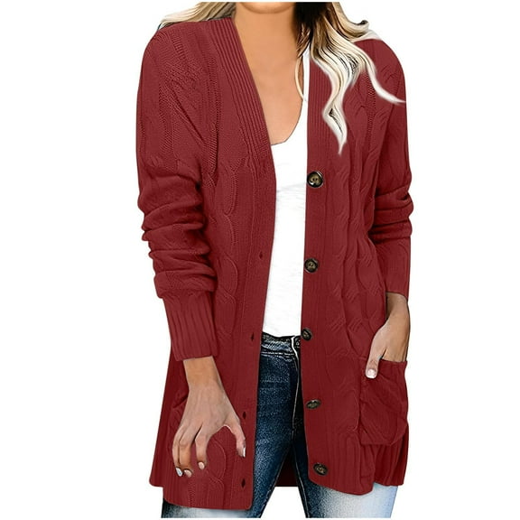 Winter Savings Clearance! Lindreshi Winter Sweaters for Women Women's Casual Solid Outfits Chunky Knit Open Front Sweaters Long Sleeve Button Cardigan Outerwear Coats with Pocket