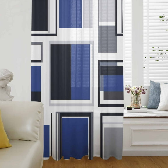 Blue Grey Geometric Semi Sheer Curtains Drapes for Living Room,Bedroom,French Doors Window 63 Inches Long,Abstract Art Irregular Contemporary Rod Pocket Chiffon Curtain Drapery Voile Draperies Panel
