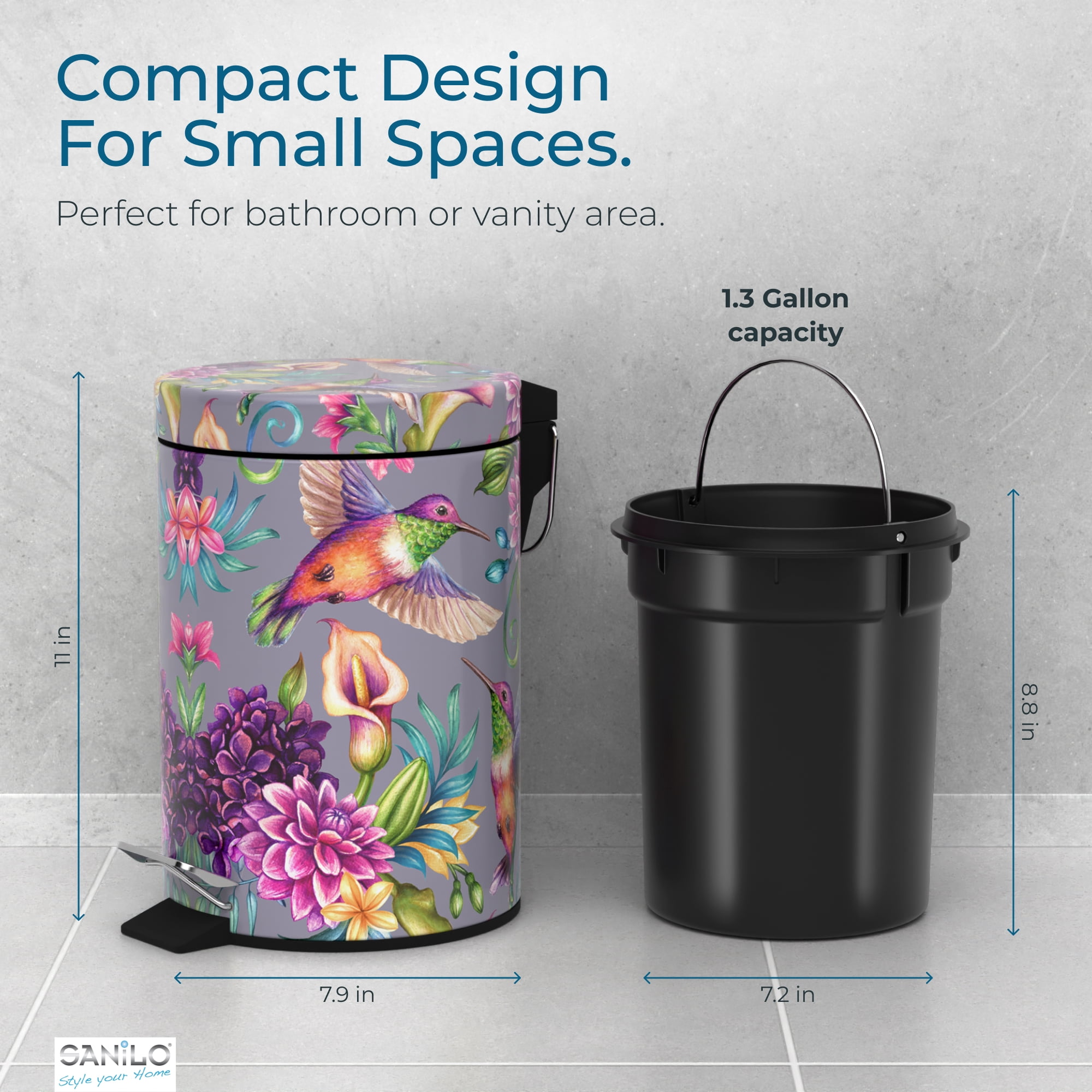 Sanilo Trash Can 1.3 Gallon with Soft Close, Many New Cosmetic and Kitchen Waste Bins Available, Bathroom Bin with Inner Bucket (Hummingbird)
