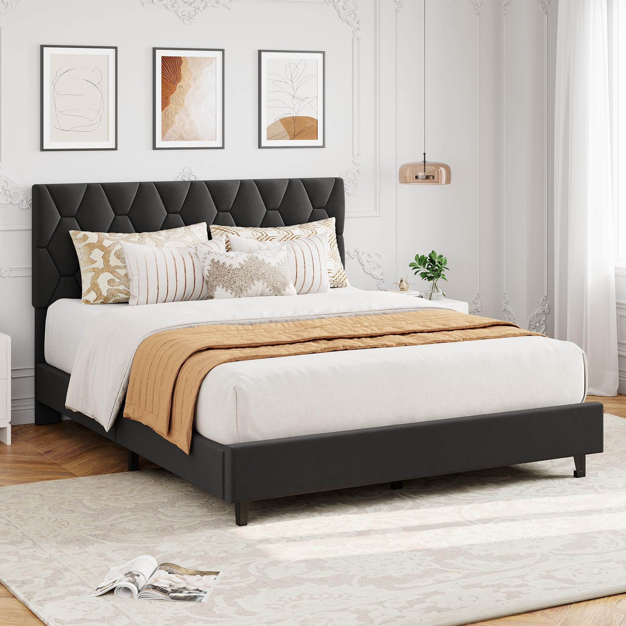 Full Size Platform Bed Frame with Adjustable Upholstered Headboard, Modern Bed Frame with Wooden Slats Support