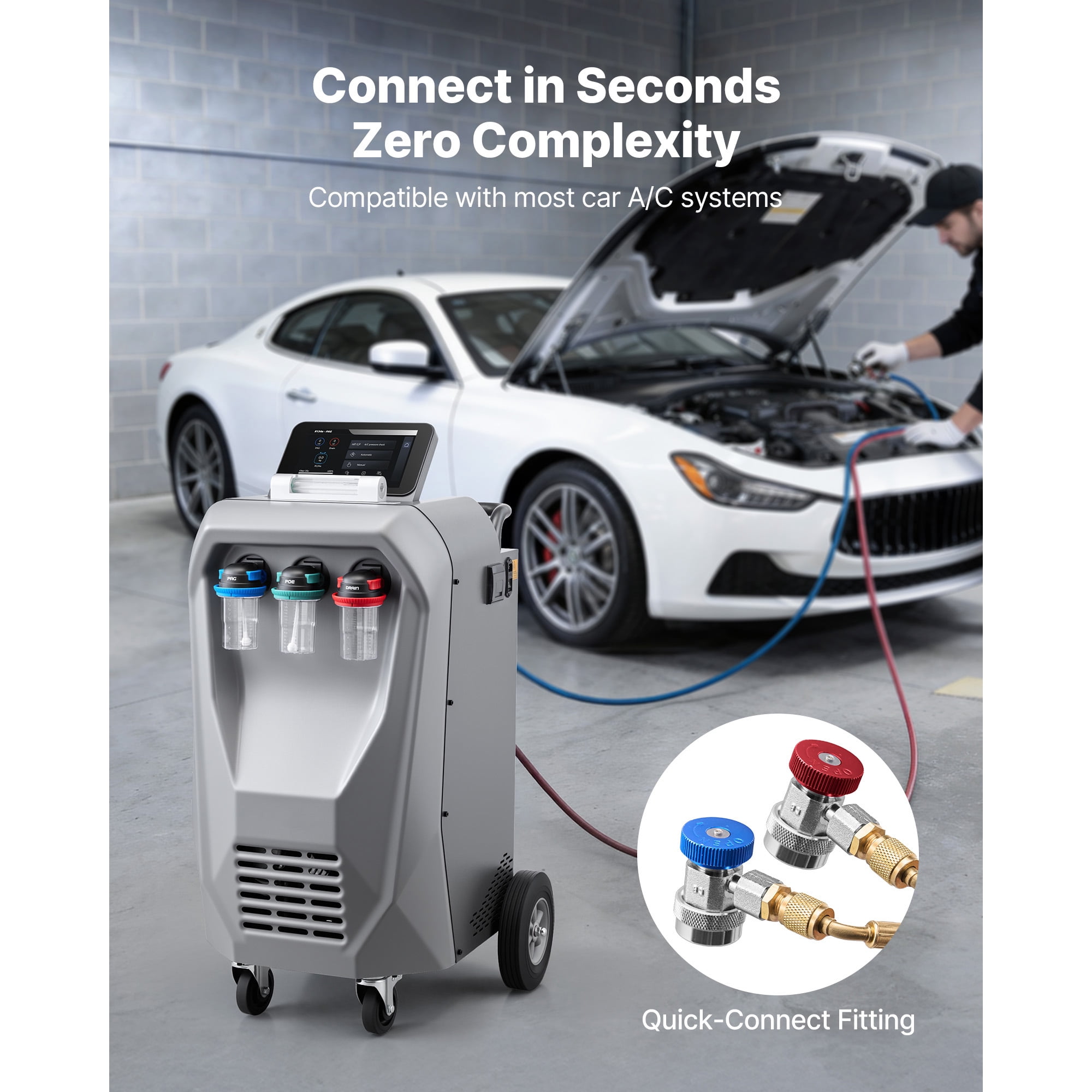 KFFKFF Fully Automatic Refrigerant Recovery Machine for R134a, High Accuracy, 10.1-Inch Touch Screen, AC Recovery, Vacuum, Recharging, and Flushing for Automotive A/C Systems