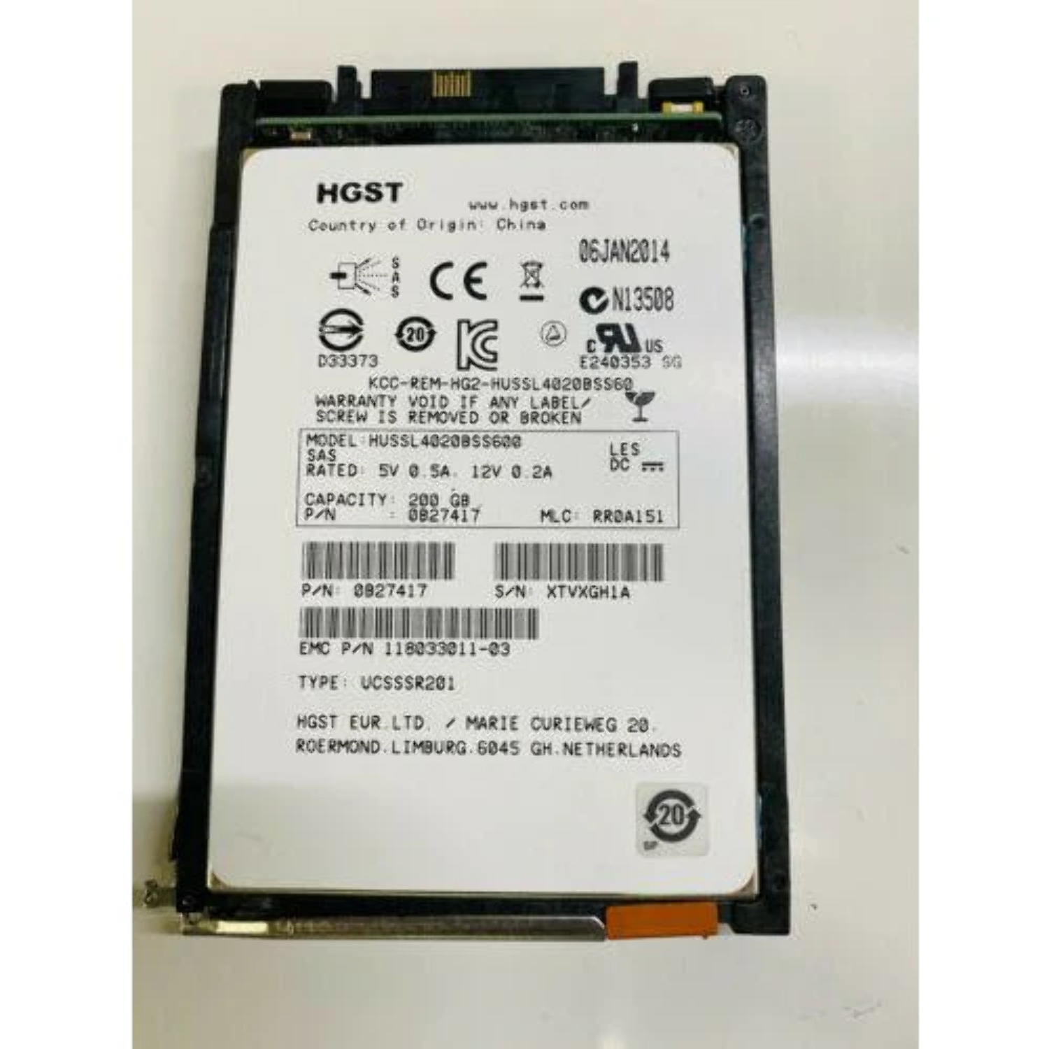 HGST Ultrastar 200GB 6Gb/s 2.5 SAS SLC SSD HUSSL4020BSS600 PN: 0B27417 Disco