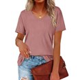 thumbnail image 1 of Camiseta de mujer simple con rayas verticales de corte holgado y manga corta con cuello en V de color puro para verano Rosa XL, 1 of 6